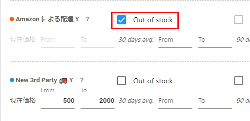 Amazonによる配達の右にあるOut of stockにチェックを入れる